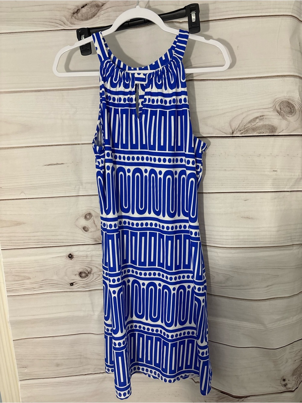 Jude Connally Royal Blue and White Geometric Halter Dress